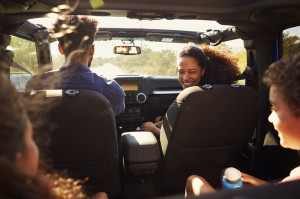 71404568 - excited family on a road trip in car, rear passenger pov